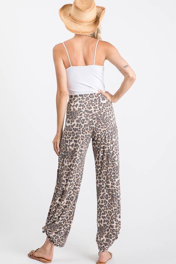 Leopard Print Lightweight Split Side Ankle Tie Pants