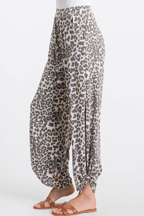 Leopard Print Lightweight Split Side Ankle Tie Pants