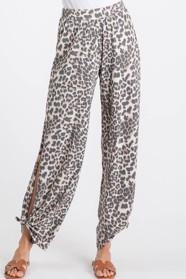 Leopard Print Lightweight Split Side Ankle Tie Pants